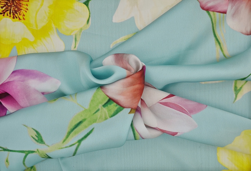 Satén  flores aguamarina rosa amarillo