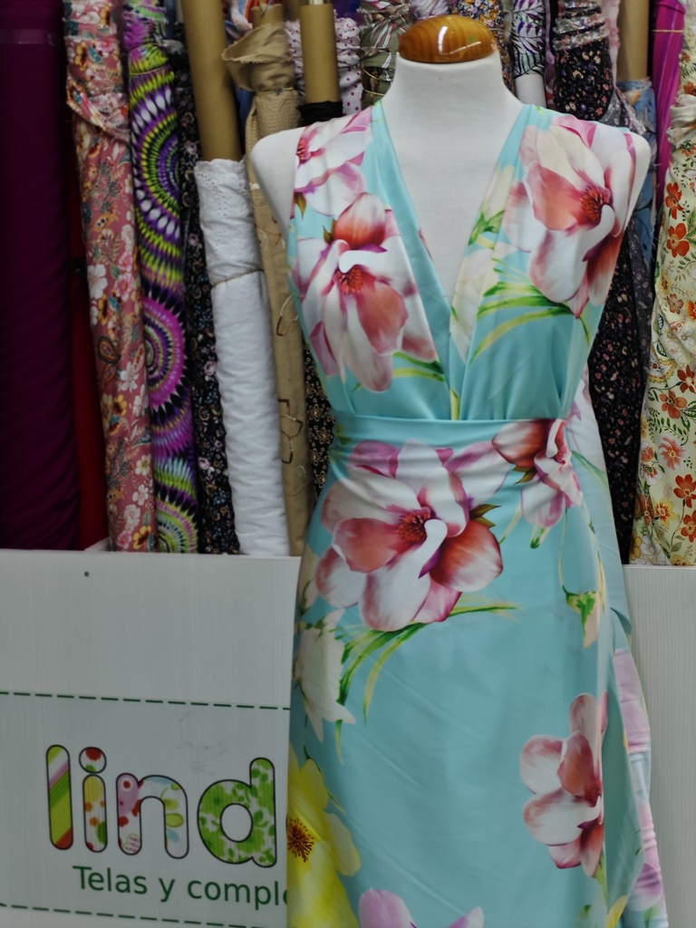 Satén  flores aguamarina rosa amarillo