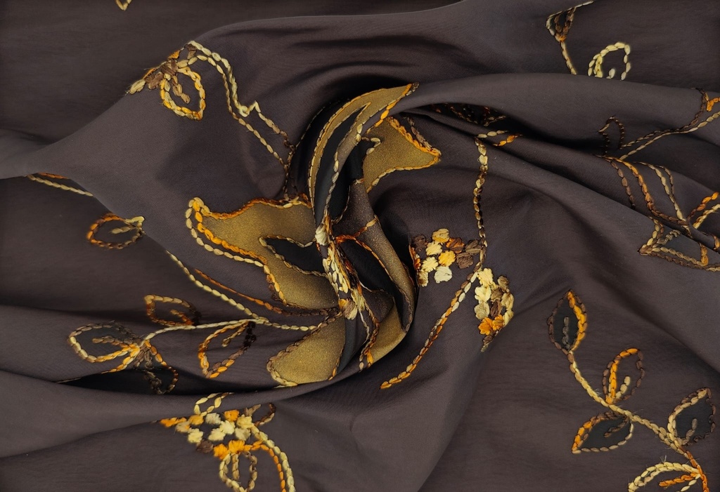 Tafeta bordada cenefa flores marrón beige