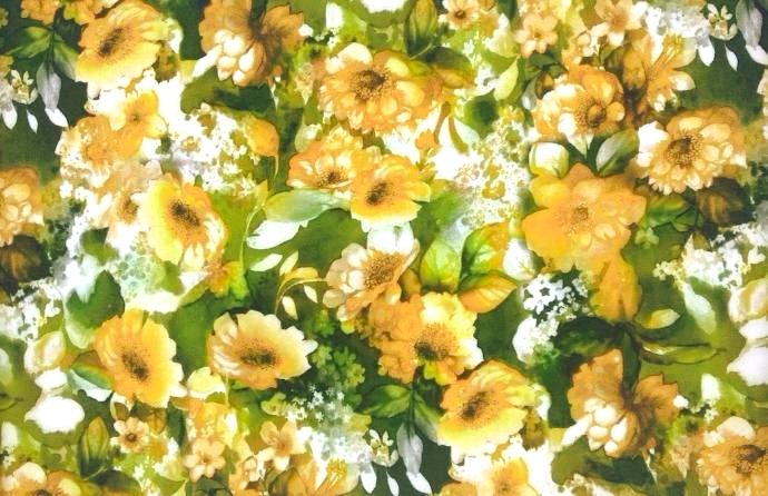 Seda verde musgo flores ocre