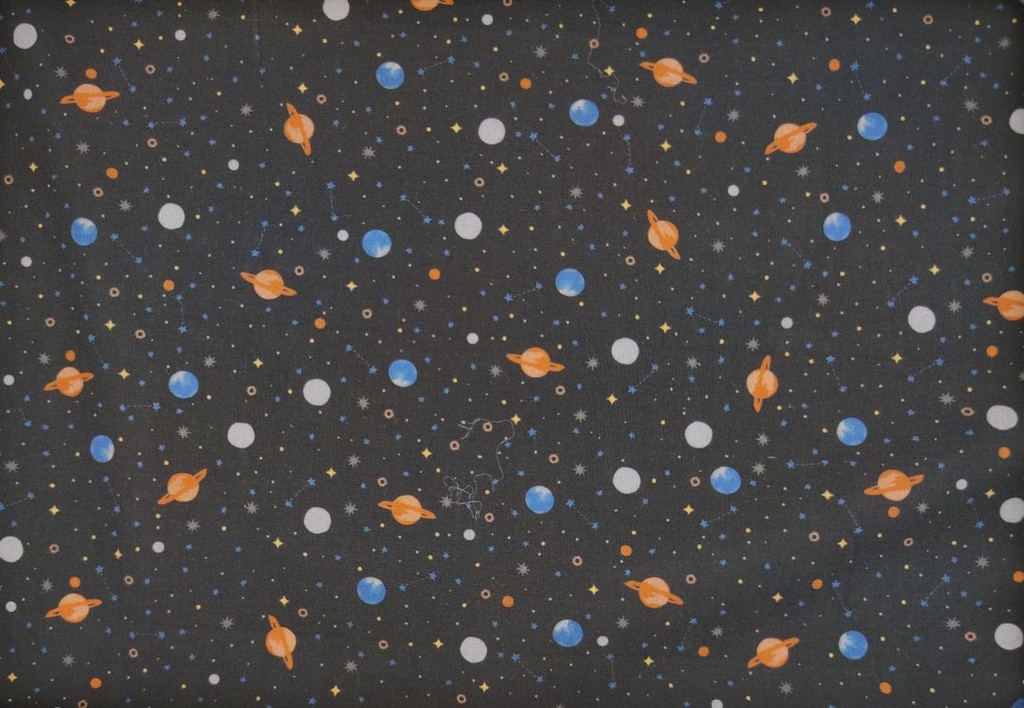 Algodón negro con planetas multicolor